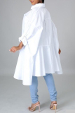 White Casual Solid Patchwork Asymmetrical Turndown Collar Shirt Dress