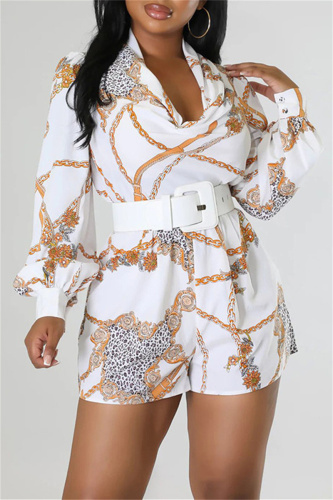 White Casual Print Patchwork O Neck Regular Long Sleeves Romper