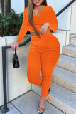 Orange Fashion Casual Sweet Solid Fold O Neck Long Sleeve Two Pieces