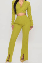Green Yellow Sexy Solid Patchwork Slit Asymmetrical Turn-back Collar Long Sleeve Two Pieces