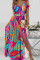 Colour Sexy Print Patchwork Slit V Neck Short Sleeve Dress