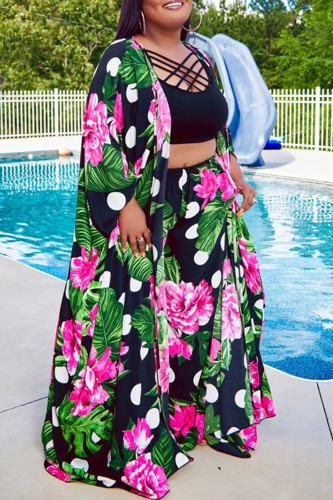Black Casual Print Cardigan Pants Plus Size Two Pieces (Without Vest )