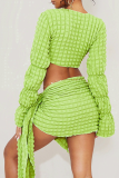 Light Green Street Solid Bandage V Neck Long Sleeve Two Pieces