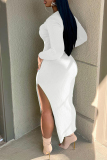 White Casual Solid Slit V Neck Long Sleeve Dresses