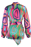 Multicolor Fashion Casual Print Patchwork Turndown Collar Shirt Dress Dresses