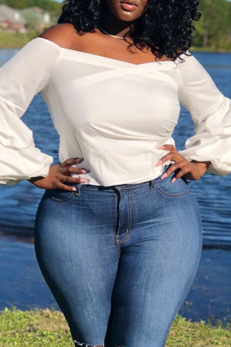 White Casual Solid Patchwork Fold Off the Shoulder Plus Size Tops