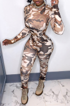 Brown Sexy Camouflage Print Patchwork O Neck Skinny Jumpsuits