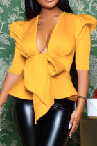 Yellow Sexy Solid Patchwork With Bow V Neck T-Shirts