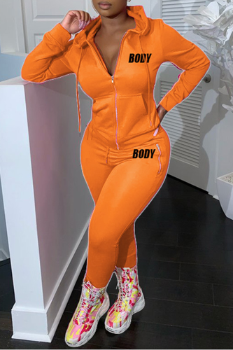 Orange Casual Print Draw String Letter Hooded Collar Plus Size Two Pieces