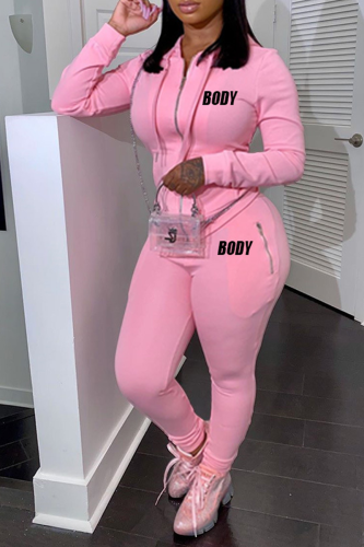 Pink Casual Print Draw String Letter Hooded Collar Plus Size Two Pieces