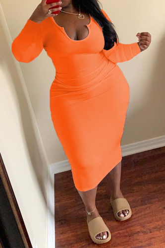 Tangerine Red Casual Solid Patchwork U Neck Pencil Skirt Dresses