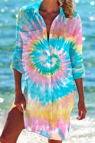 Powder Blue Casual Print Patchwork Buckle Turndown Collar Tops