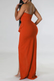 Tangerine Red Elegant Solid Patchwork Fold Asymmetrical Strapless Evening Dress Dresses