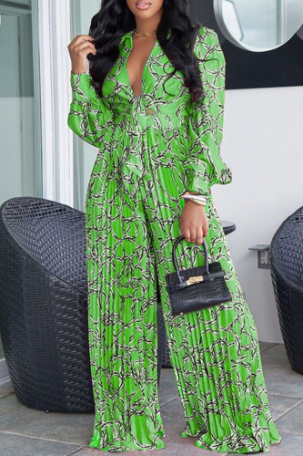 Green British Style Print Bandage Patchwork Turndown Collar Long Sleeve Two Pieces