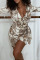 Khaki Sexy Print Patchwork V Neck One Step Skirt Dresses