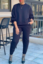 Black Casual Solid Patchwork O Neck Long Sleeve Two Pieces