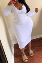 White Casual Solid Patchwork U Neck Pencil Skirt Dresses
