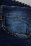 Deep Blue Fashion Casual Solid Patchwork High Waist Skinny Denim Jeans