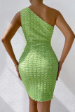 Green Sexy Solid Hollowed Out Patchwork Oblique Collar Pencil Skirt Dresses