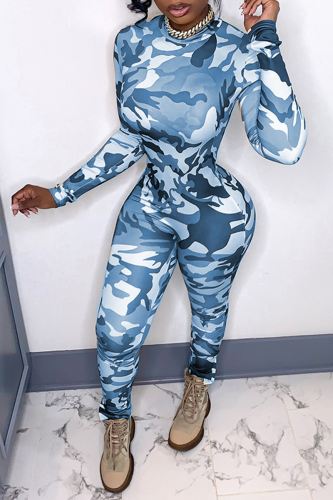 Blue Sexy Camouflage Print Patchwork O Neck Skinny Jumpsuits