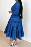 Blue Casual Solid Patchwork Fold With Belt O Neck Dresses