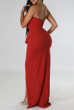 Tangerine Red Elegant Solid Patchwork Fold Asymmetrical Strapless Evening Dress Dresses