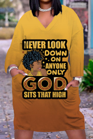 Yellow Casual Print Patchwork V Neck Straight Dresses