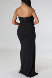 Black Elegant Solid Patchwork Fold Asymmetrical Strapless Evening Dress Dresses