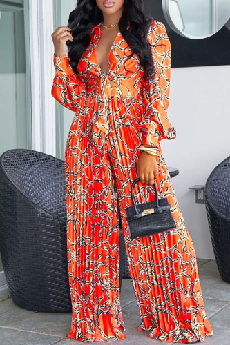 Orange Red British Style Print Bandage Patchwork Turndown Collar Long Sleeve Two Pieces