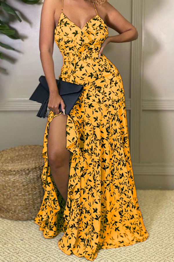 Yellow Sexy Print Patchwork Slit Spaghetti Strap Sling Dress Dresses