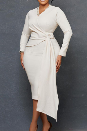 Orange Casual Solid Patchwork V Neck Long Sleeve Dresses_Long Sleeve ...