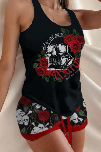 Deep Red Halloween Skull Hand Print Sleeveless U Neck Vest and Baggy Shorts 2 Piece Outfits