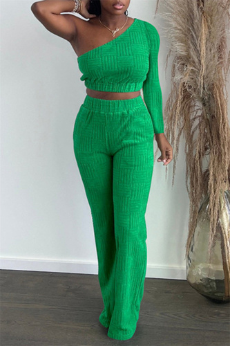 Green Casual Solid Backless Oblique Collar Long Sleeve Two Pieces