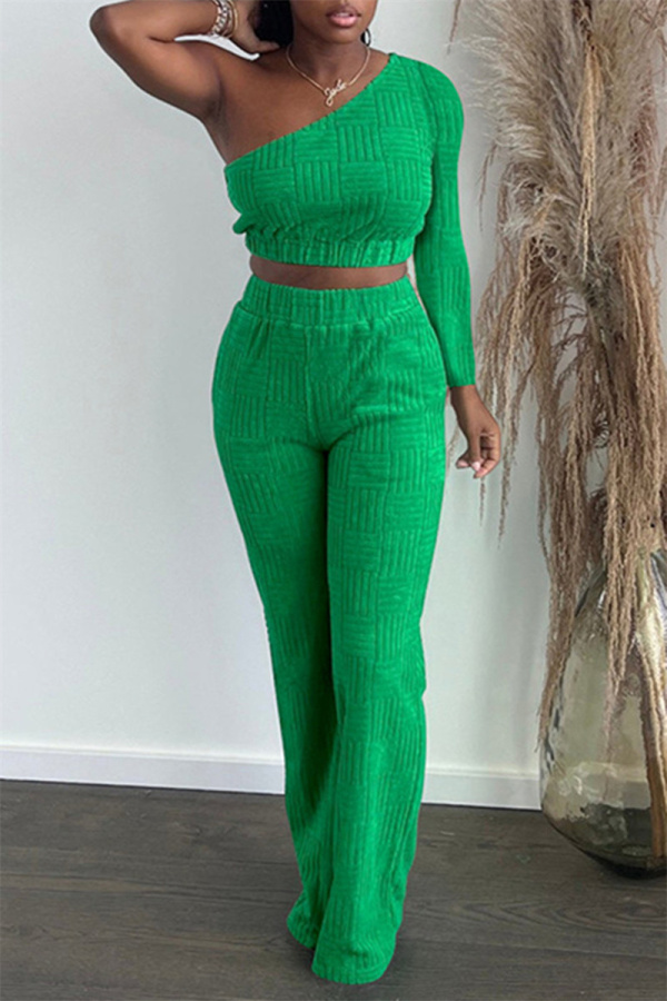 Green Casual Solid Backless Oblique Collar Long Sleeve Two Pieces