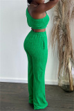 Green Casual Solid Backless Oblique Collar Long Sleeve Two Pieces