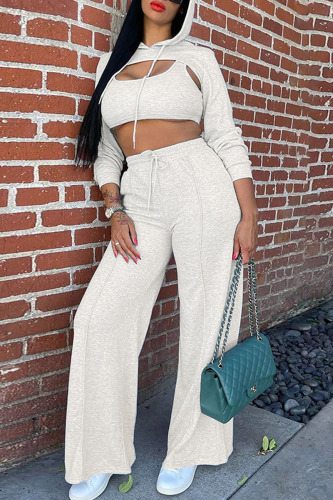 Grey Sexy Street Sportswear Solid Patchwork Asymmetrical Hooded Collar Long Sleeve Three Pieces