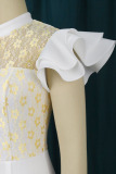 White Elegant Solid Patchwork Flounce O Neck One Step Skirt Dresses