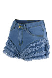 White Street Solid Tassel Patchwork Flounce Loose High Waist Type A Solid Color Plus Size Denim Shorts