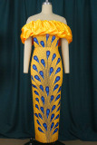 Yellow Elegant Print Patchwork Fold Off the Shoulder One Step Skirt Dresses
