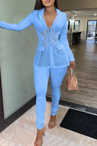 Sky Blue Sexy Casual Solid Patchwork See-through V Neck Long Sleeve Two Pieces