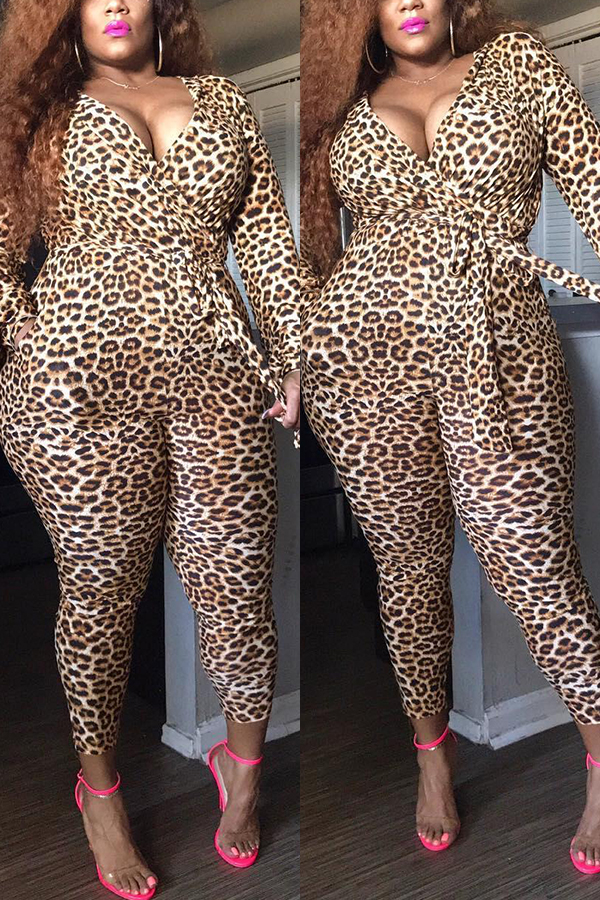 

Leopard print Fashion Large Size Printing Long Sleeve Jumpsuit