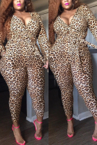Leopard print Fashion Large Size Printing Long Sleeve Jumpsuit