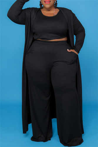 Black Casual Solid Cardigan Vests Pants O Neck Plus Size Two Pieces