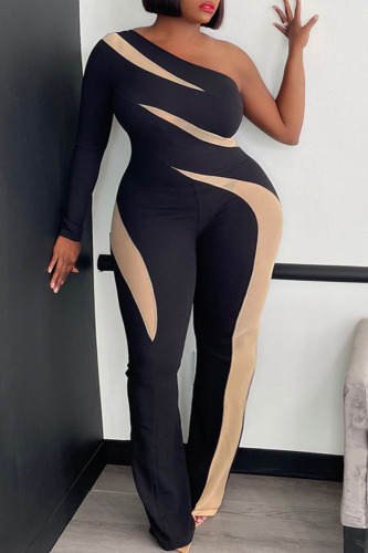 Black Casual Patchwork Backless Oblique Collar Plus Size Jumpsuits