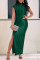 Green Elegant Solid Patchwork Slit Fold Half A Turtleneck One Step Skirt Dresses