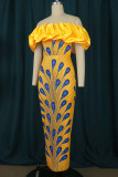 Yellow Elegant Print Patchwork Fold Off the Shoulder One Step Skirt Dresses