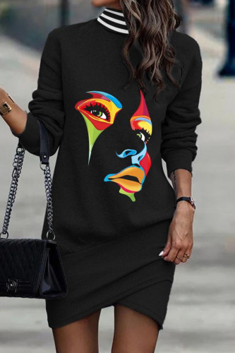 Black Casual Print Patchwork Turtleneck Long Sleeve Dresses