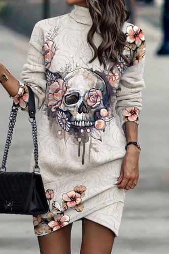 Light Gray Casual Print Patchwork Turtleneck Long Sleeve Dresses