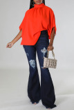Tangerine Red Casual Solid Patchwork Turtleneck T-Shirts