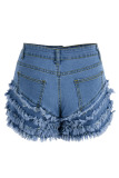 Blue Street Solid Tassel Patchwork Flounce Loose High Waist Type A Solid Color Plus Size Denim Shorts
